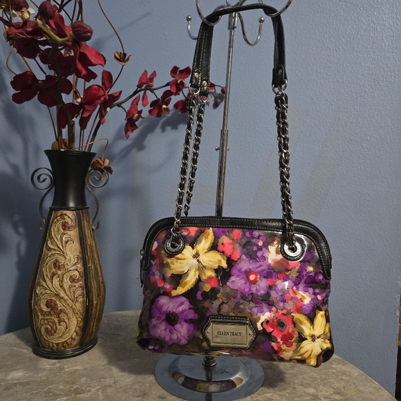 Ellen Tracy Floral Purple & Yellow Vinyl Shoulder Bag - Picture 2 of 12